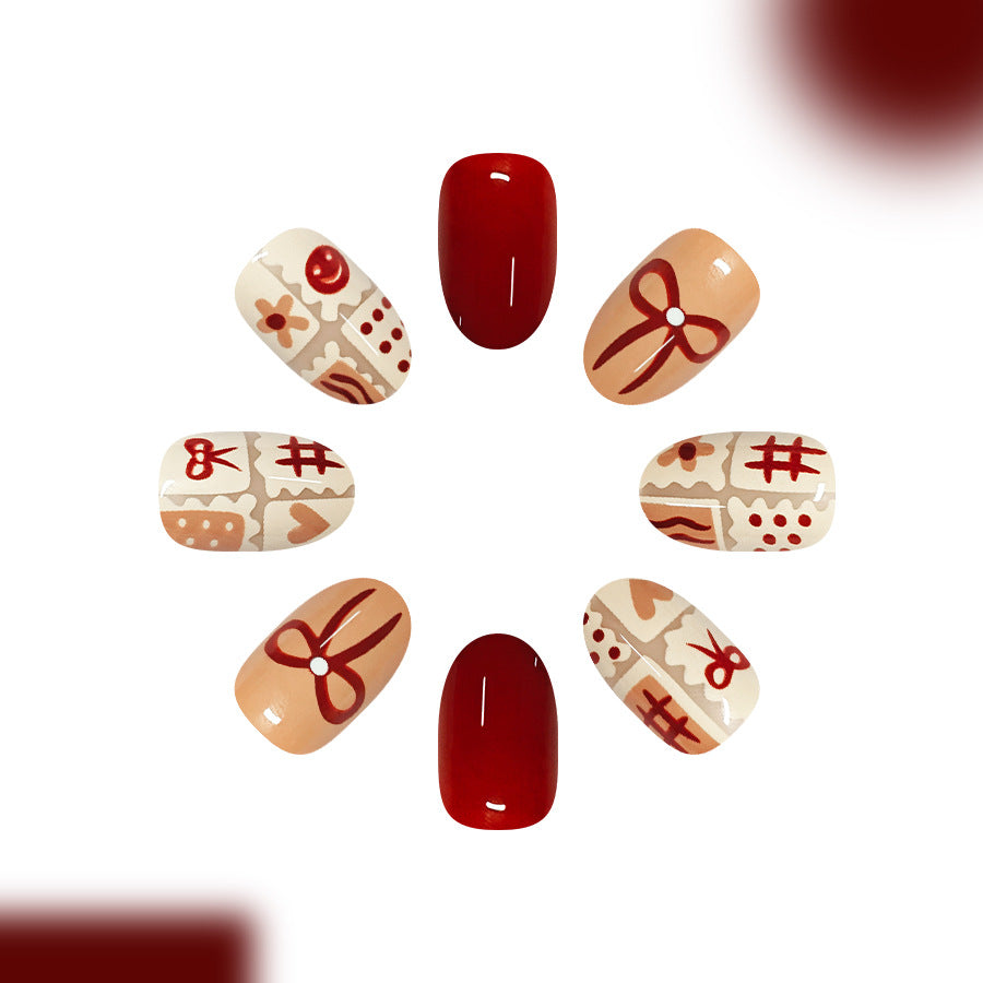 Festive Charm Short Round Rust Red Nail Press Set with Sweet Bow Patterns