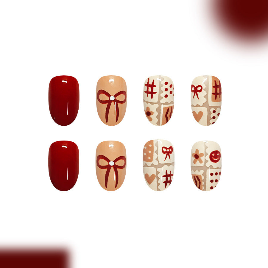 Festive Charm Short Round Red with Whimsical Bow and Heart Designs Press On Nail Set