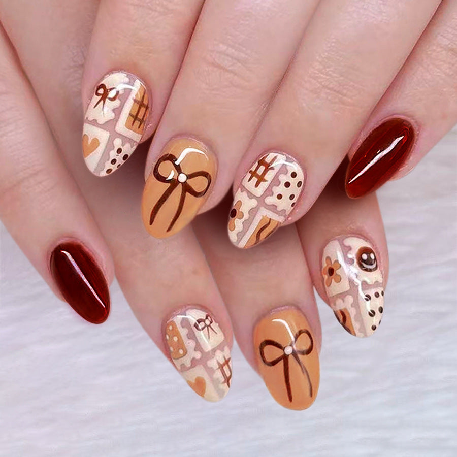 Gingerbread Dream Medium Almond Chocolate Pattern Press On Nail Set