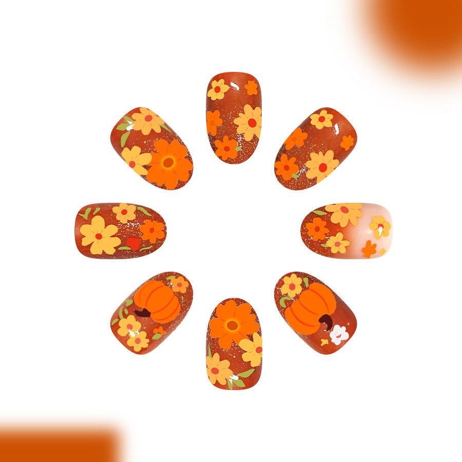 Autumn Floral Short Round Matte Press On Nail Set with Unique Pumpkin Design