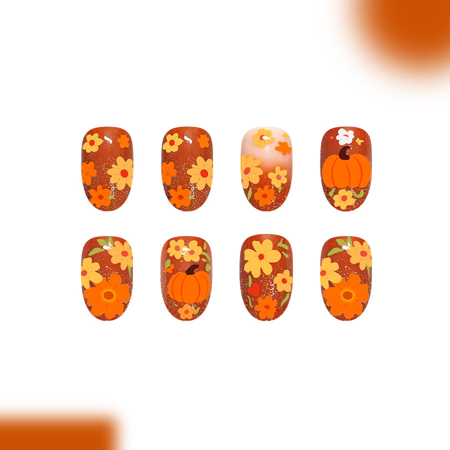 Autumn Vibes Short Round Orange Floral Pattern Press On Nail Set