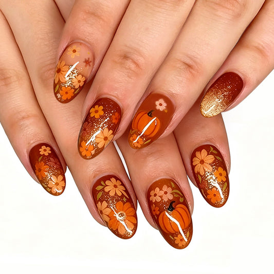 Autumn Floral Medium Almond Orange Sparkle Press-On Nail Set