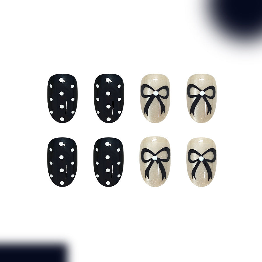 Elegant Bow Tie Short Round Black and Beige Press On Nail Set with Polka Dots and Bows