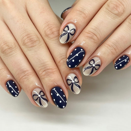 Nautical Charm Short Oval Navy with Bow Accents Press-On Nail Set