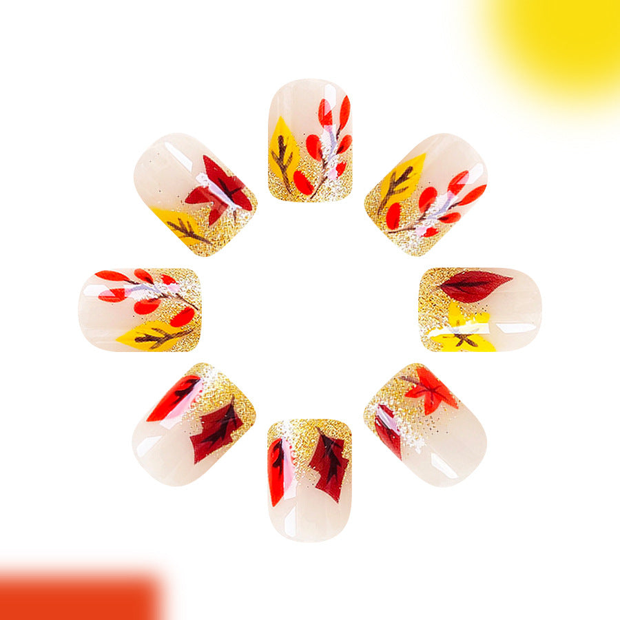 Autumn Bliss Short Square Transparent with Colorful Leaf Art Press-On Nail Set