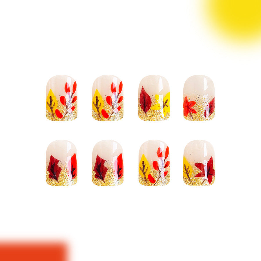 Autumn Vibes Short Square Gold Glittering Leaf Design Press On Nail Set