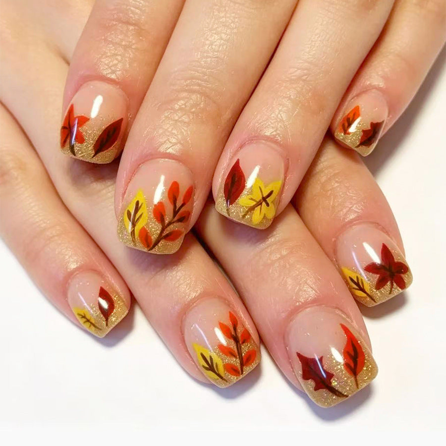 Autumn Elegance Short Square Golden Glittery Press On Nail Set with Leaf Designs