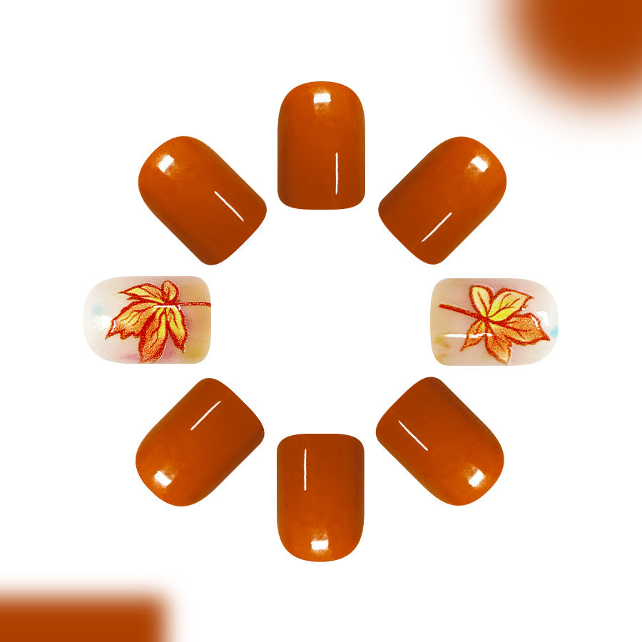 Autumn Vibes Medium Square Orange with Leaf Design Press On Nail Set