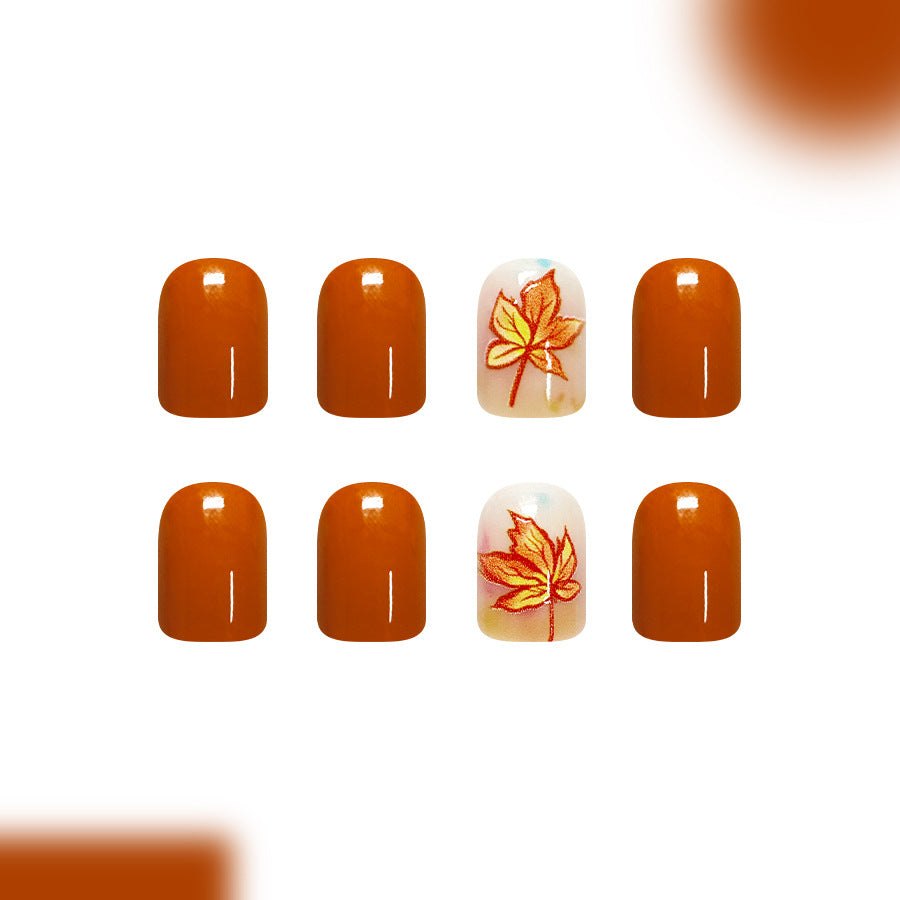 Autumn Vibes Short Square Orange with Leaf Design Press On Nail Set
