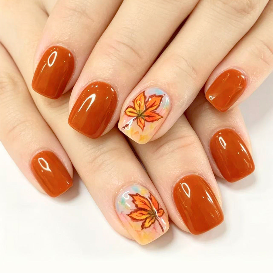 Autumn Vibes Medium Square Burnt Orange Nail Set with Unique Leaf Design