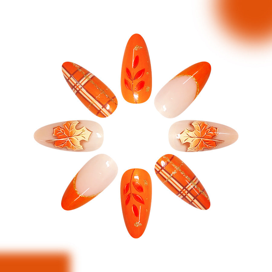 Autumn Vibes Long Almond Orange with Leaf Design Press on Nail Set