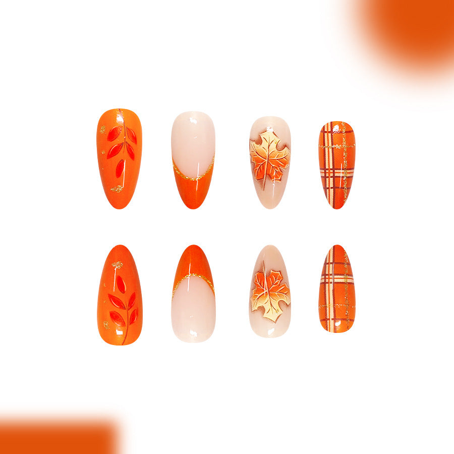 Autumn Vibes Long Almond Orange Patterned Press On Nail Set