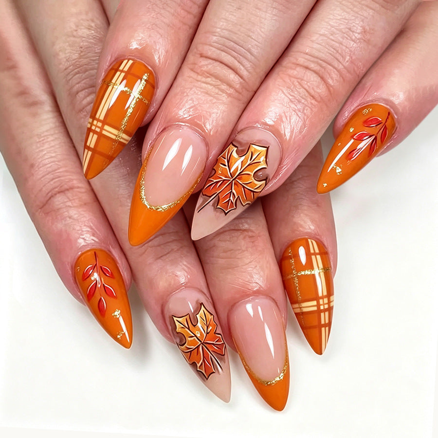 Autumn Elegance Medium Almond Orange with Leaf Designs Press On Nail Set