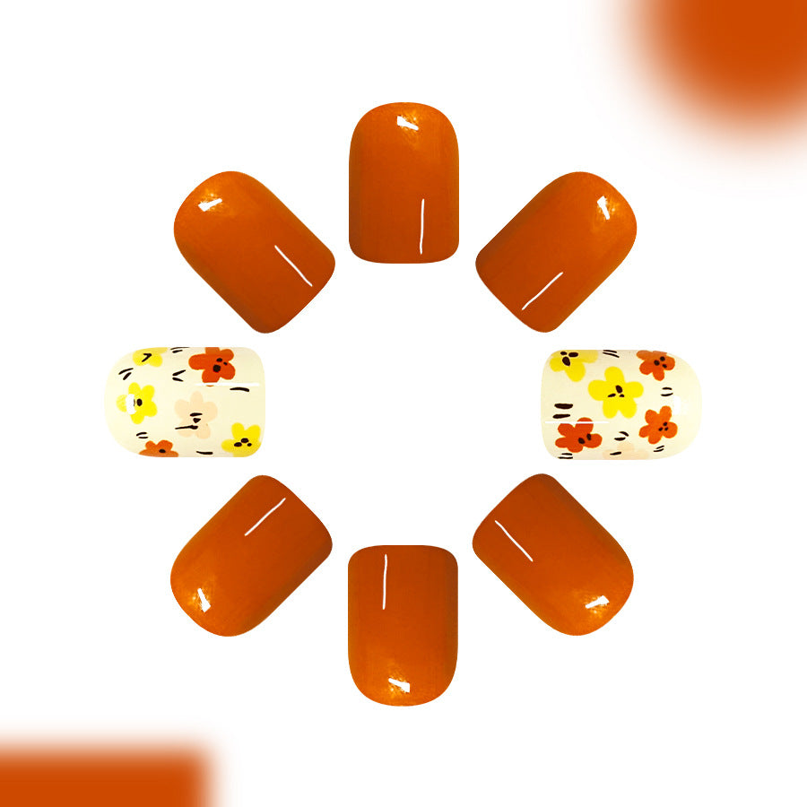 Autumn Blossom Medium Square Orange Floral Design Press On Nail Set