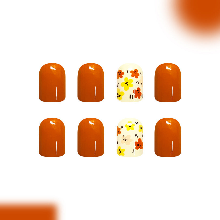 Autumn Vibes Short Square Orange Press On Nail Set with Floral Accent