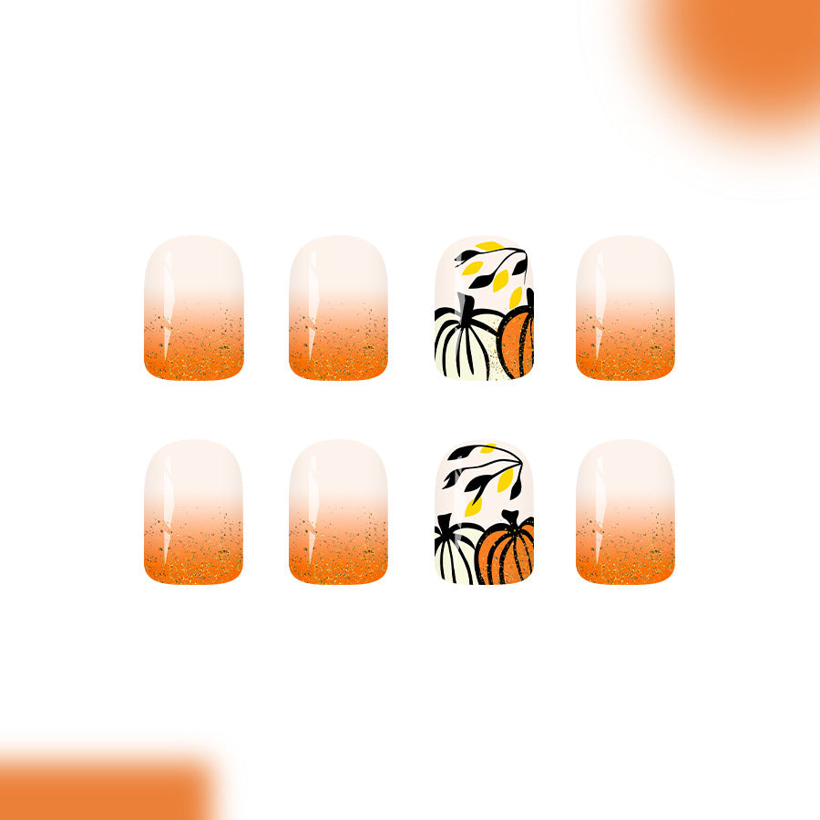 Autumn Vibes Short Square Orange Ombre with Pumpkin Design Press On Nail Set