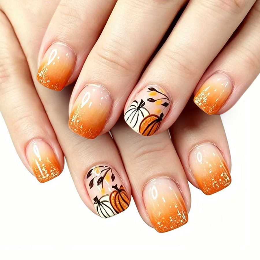Autumn Elegance Short Square Orange Ombre with Pumpkin Art Press on Nail Set