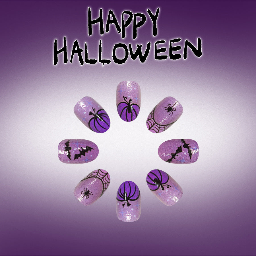 Spooktacular Halloween Short Round Purple Glitter Press On Nail Set with Spider and Pumpkin Designs