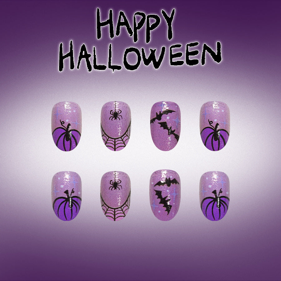 Spooky Season Short Round Purple with Spider and Bat Design Press On Nail Set