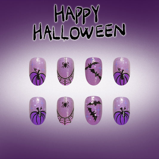 Spooky Season Short Round Purple with Spider and Bat Design Press On Nail Set