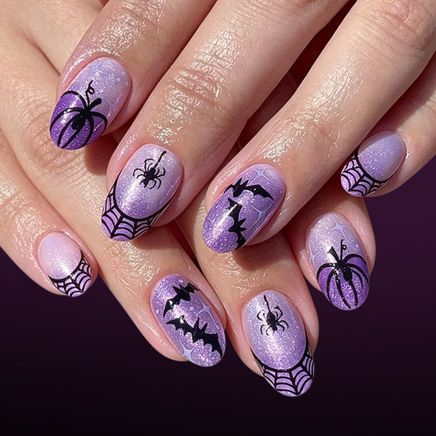 Spooky Vibes Short Oval Purple with Glittery Spider Web Design Press-On Nail Set