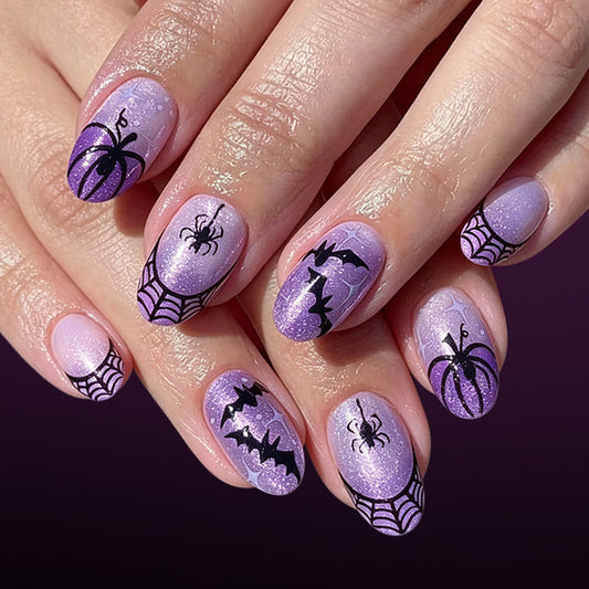 Spooky Vibes Short Oval Purple with Glittery Spider Web Design Press-On Nail Set