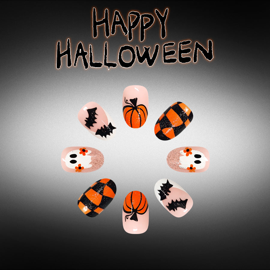 Spooky Halloween Short Oval Orange and Black Glitter Press On Nail Set