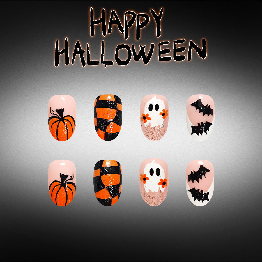 Halloween Themed Short Oval Orange and Black Glitter Press On Nail Set