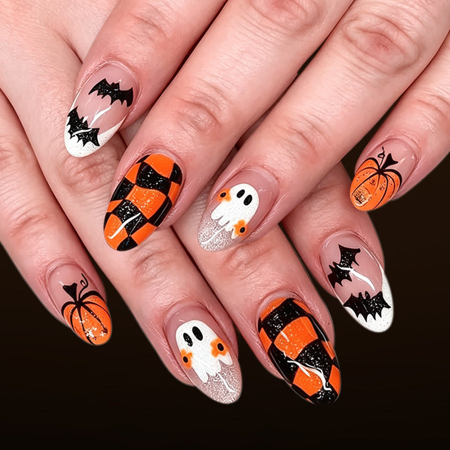 Spooky Charm Short Almond Orange and Black Halloween Themed Press on Nail Set