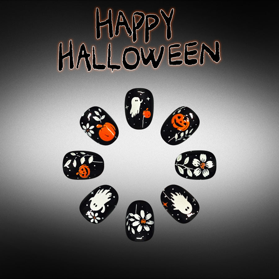 Spooky Short Oval Black and Orange Halloween Nail Art Set with Whimsical Ghosts and Pumpkins