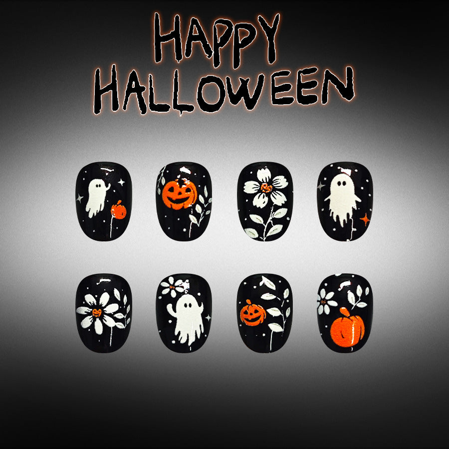 Spooky Halloween Short Round Black with Ghost and Pumpkin Design Press On Nail Set
