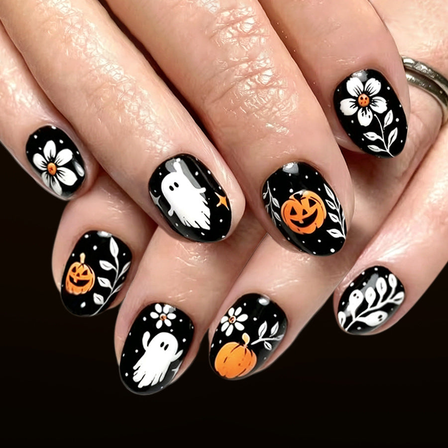 Spooky Elegance Short Round Black with Pumpkin and Ghost Accents Press On Nail Set