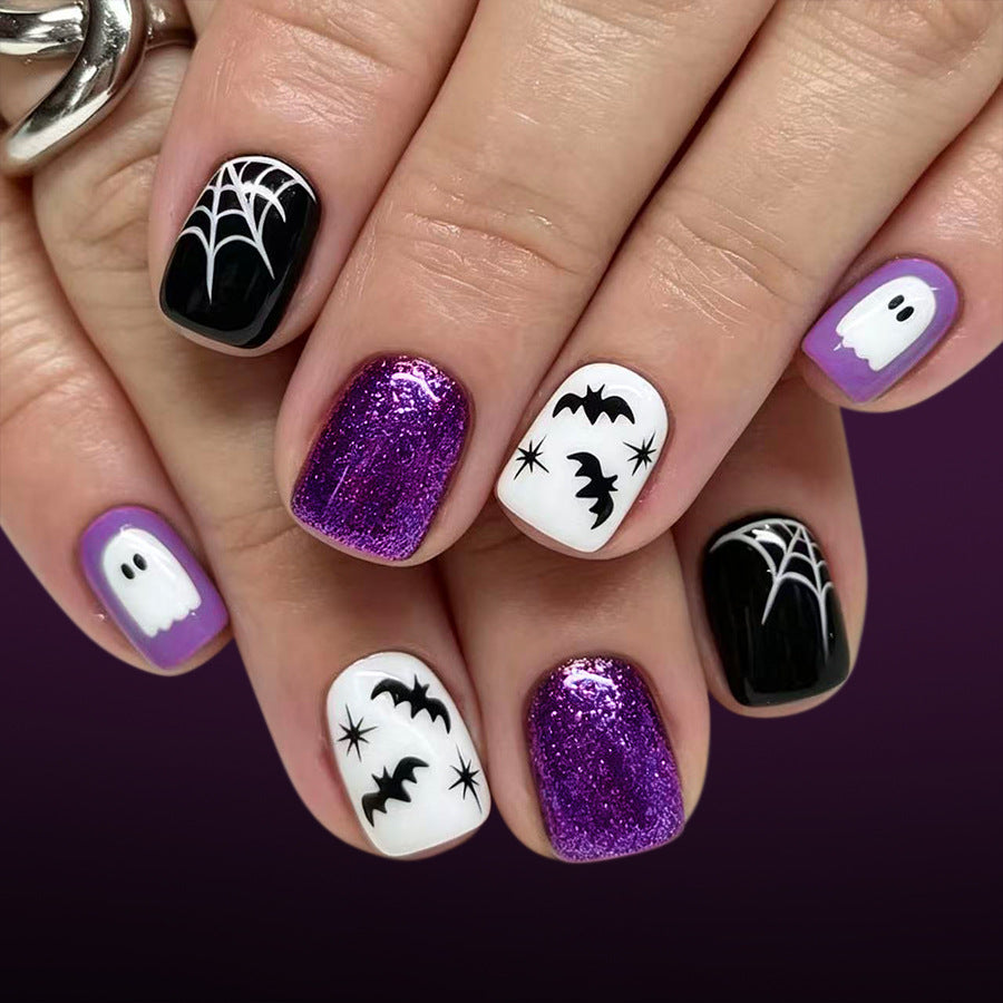 Spooky Glam Short Square Purple Glitter Halloween Nail Set