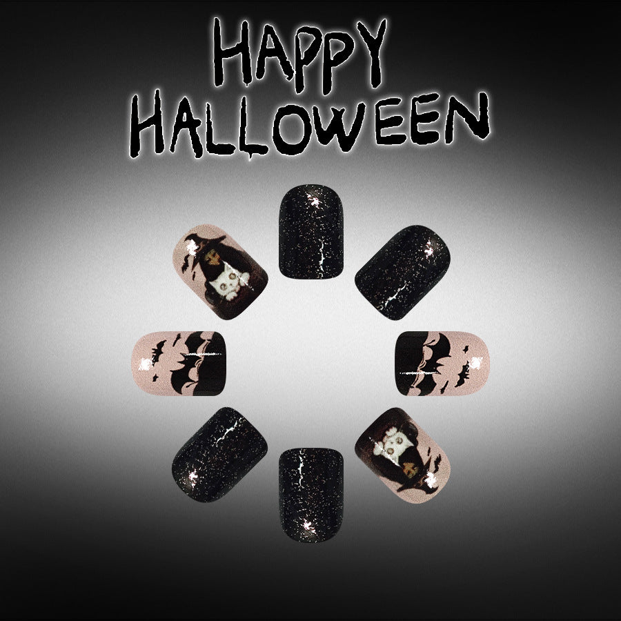 Spooky Halloween Short Square Black with Glittery Finish Press on Nail Set