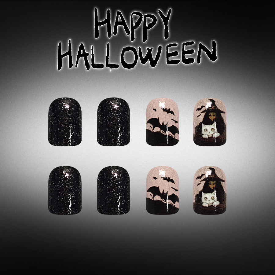 Spooky Halloween Short Square Black Glitter Press On Nail Set Featuring Enchanting Bat and Witch Designs