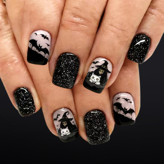 Spooky Glam Short Square Black with Glitter and Witch Design Press on Nail Set