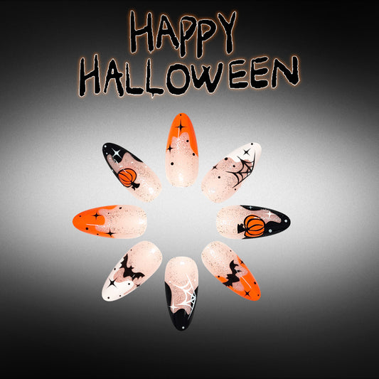Spooky Halloween Medium Stiletto Orange and Black Glitter Press On Nail Set