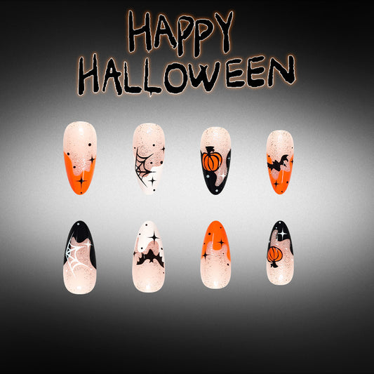 Spooky Halloween Medium Almond Orange and Black Spiderweb Design Press On Nail Set