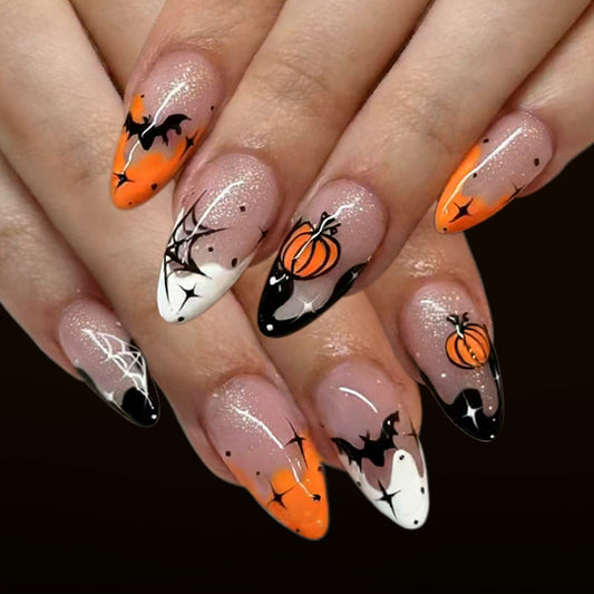 Spooky Autumn Medium Almond Orange and Black Press On Nail Set with Pumpkin and Spider Web Design