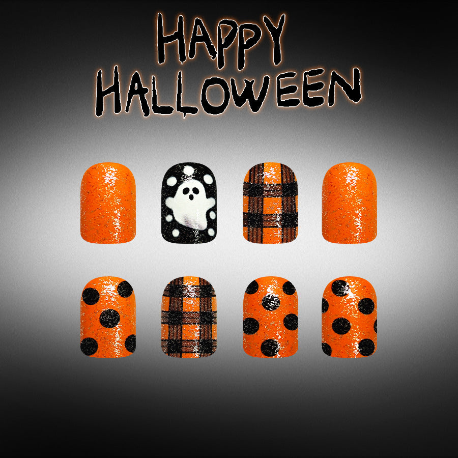 Spooky Halloween Short Square Orange with Glitter and Ghost Design Press on Nail Set