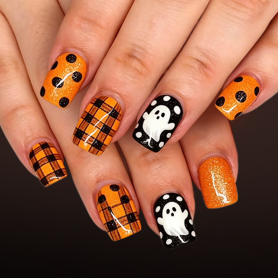 Spooky Autumn Short Square Orange with Playful Ghost Design Press On Nail Set