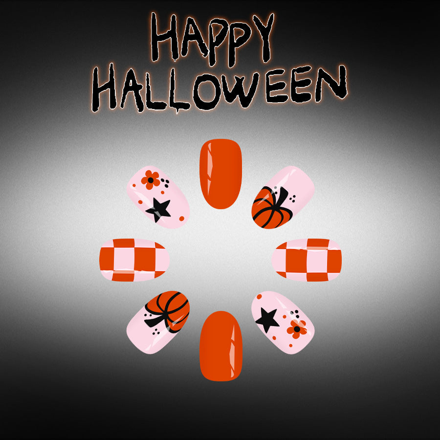 Spooktacular Short Round Orange Press on Nail Set with Halloween Themed Designs