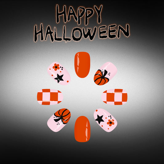 Spooktacular Short Round Orange Press on Nail Set with Halloween Themed Designs
