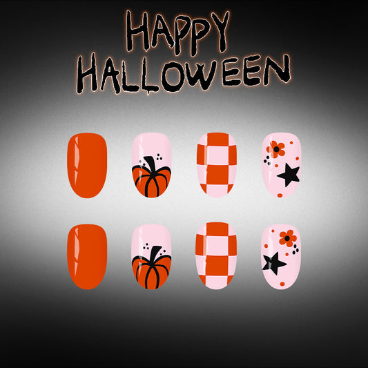 Halloween Inspired Short Round Orange Nail Set with Unique Pumpkin Art