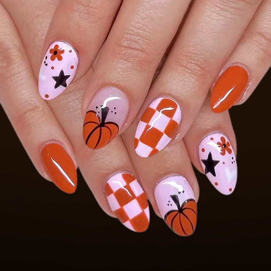 Autumn Vibes Medium Almond Orange and Pink Pumpkin Floral Press On Nail Set