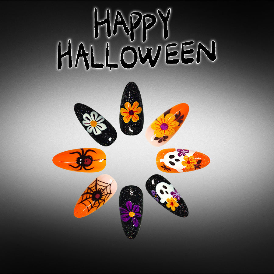 Spooky Halloween Medium Almond Orange with Floral Design Press on Nail Set