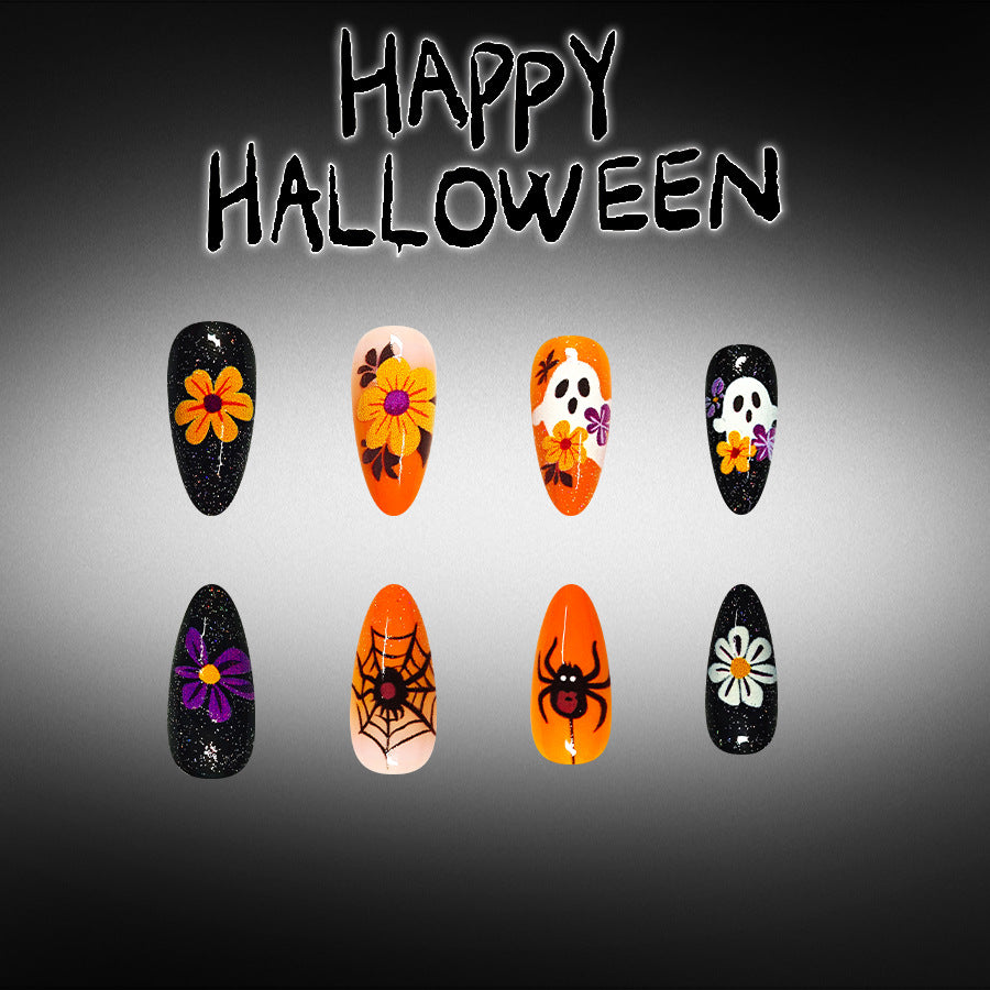 Spooky Halloween Medium Stiletto Orange with Fun Floral and Ghost Designs Press On Nail Set