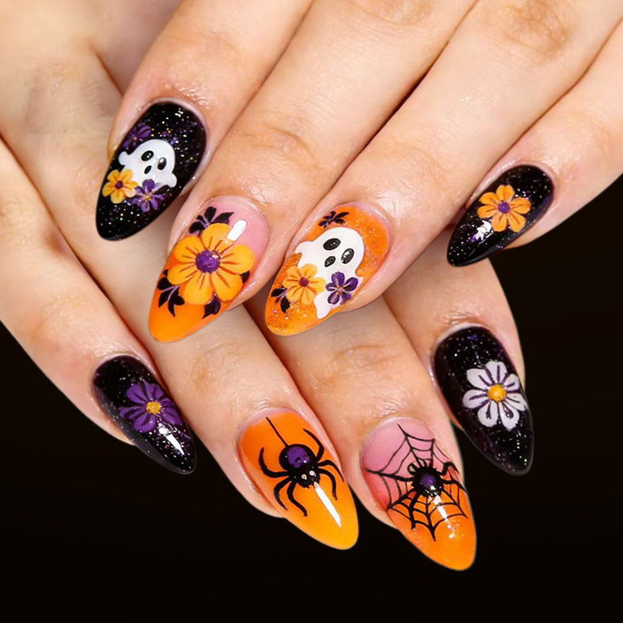Spooky Glamour Medium Almond Orange with Flower and Ghost Design Press On Nail Set