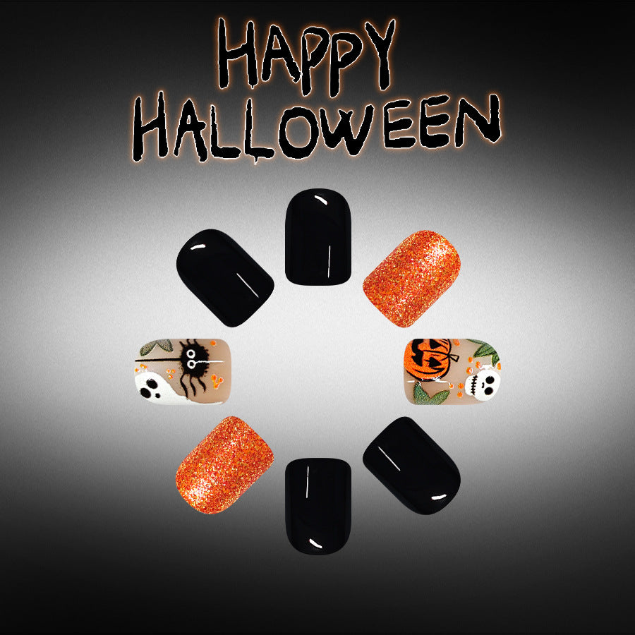 Spooky Halloween Short Square Black and Orange Glitter Press On Nail Set