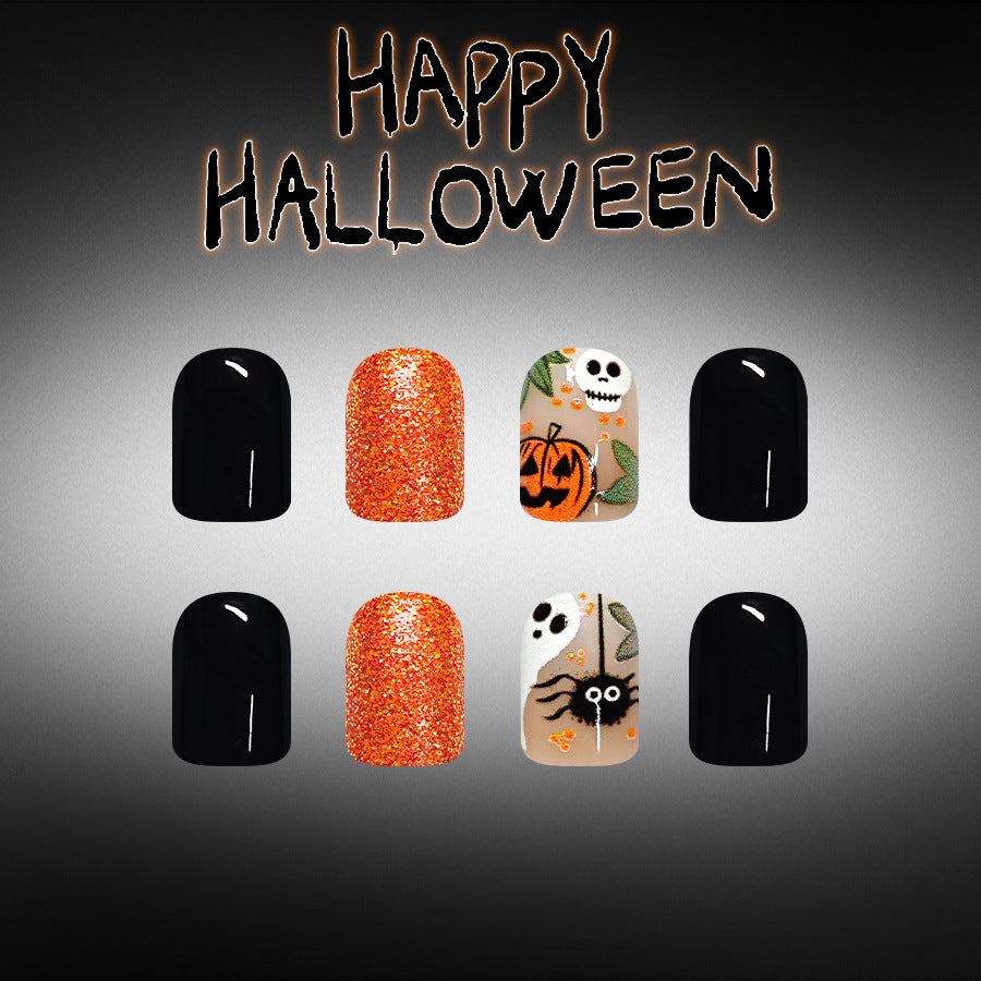 Spooky Halloween Medium Square Black and Glitter Halloween Themed Press On Nail Set